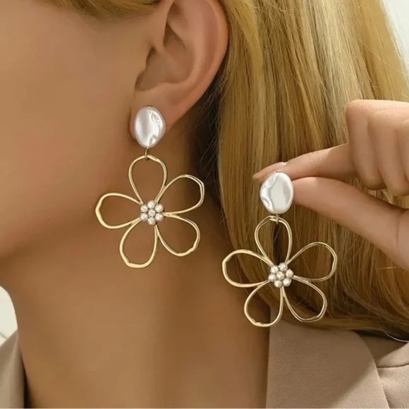 Gold-Tone Floral Drop Earrings with Faux Pearl Accents - Picture 2 of 5